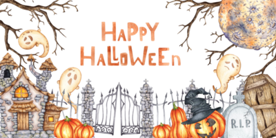 Castle with thatched roof, moon, ghost, dry branches, coffin, tombstone and pumpkins watercolor illustration. Hand drawn for Halloween with space for text. Isolated. Frame, banner, template, framing, png
