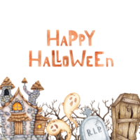 Castle with thatched roof, ghost, dry branches, coffin and tombstone watercolor illustration. Hand drawn for Halloween with space for text. Isolated from background. Frame, template, framing, outline. png
