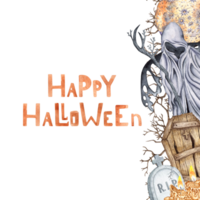 Reaper, dry branches, moon, coffin, tombstone and candles watercolor illustration. Hand drawn for Halloween with space for text. Isolated from background. Frame, template, framing, outline. png