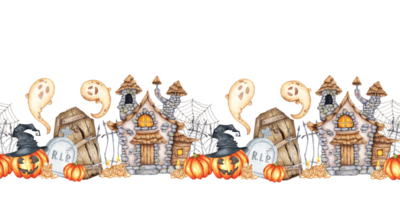 Castle with thatched roof, ghost, coffin, tombstone, pumpkins, candles and cobweb watercolor illustration. Hand drawn for Halloween. Isolated from background. Pattern is horizontal. png