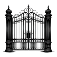 Ornate wrought iron gate with pillars on a transparent background creating a dramatic and gothic aesthetic png