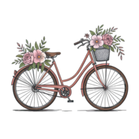 A vintage bicycle with flowers in the basket and on the back rack on a transparent background isolated png