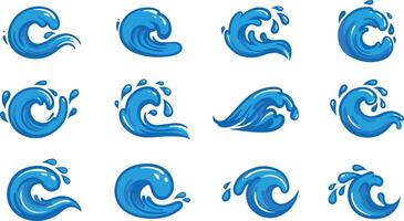 Cartoon style water wave illustrations blue ocean elements set with splashes and various shapes on white background vector