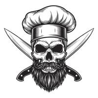 illustration of grim chef skull with knives and beard in black and white vector