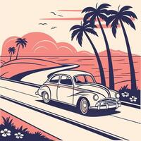 Retro car driving along coastal road with palm trees and ocean view vector
