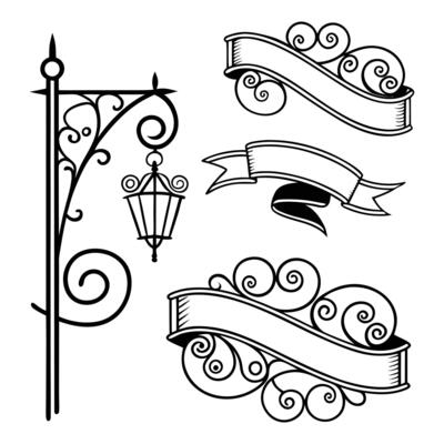 Ornate ironwork street lamp and banner set for graphic design projects