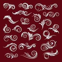Elegant flourish pack with swirling ornaments and decorative filigree on maroon background vector