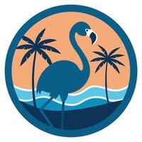 Blue flamingo with palm trees in tropical circle badge for summer vacation designs vector