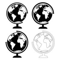 Four simple globe illustrations in black and white depicting world geography vector