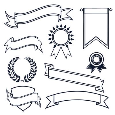 Collection of outlined banners ribbons awards and laurel wreath elements set for design projects
