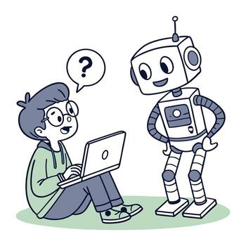 dibujos animados chico codificación con ordenador portátil interactuando con robot amigo preguntando pregunta vector