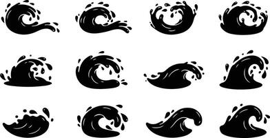 Black silhouette collection of cartoon water waves with splashes and droplets various shapes vector