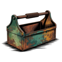 Illustration of a weathered metal toolbox with a wooden handle on a transparent background design element png