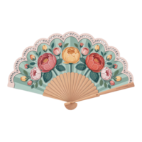 Ornate hand fan with floral design and light blue background for decorative and elegant use case png