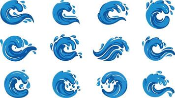 Set of stylized blue waves with droplets for creative aquatic designs and natural sea themes collection vector