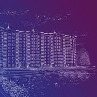 Blue linear architectural graphic background with building vector