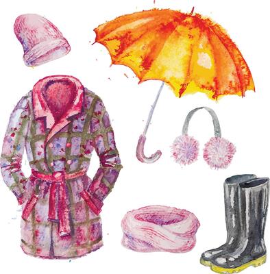 Hand drawn watercolor autumn accessories, coat, umbrella, gumboots, scarf, hat and headset ,isolated on the white background