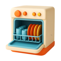 Adorable 3d illustration of a dishwasher with colorful plates and cups inside of it png