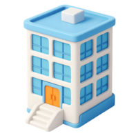 Cartoonish 3d illustration of a building with blue roof and windows in a simple style png
