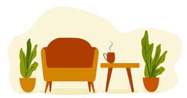 A serene indoor setting features a warm-toned chair beside a small table with a steaming cup. Lush potted plants add a touch of nature and tranquility to the atmosphere vector
