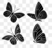 Four distinct butterfly designs are illustrated in a minimalist style. Each butterfly features elegant lines and detailed wing patterns, emphasizing their unique shapes and beauty vector