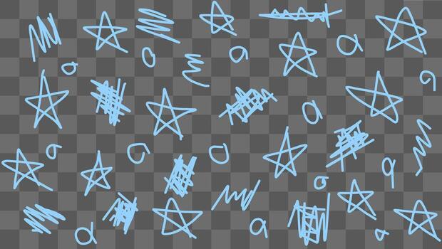 varios dibujado a mano azul estrellas y resumen garabatos son dispersado a través de un transparente fondo, exhibiendo un caprichoso y artístico diseño. el juguetón elementos evocar creatividad y imaginación vector