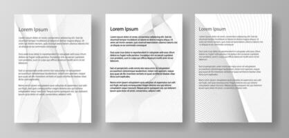 Three A4 letter mockup templates featuring lorem ipsum text. The documents are displayed on a light gray background. Concept of document layout design. illustration vector
