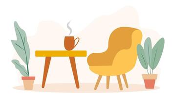 A cozy corner setup features a comfy yellow chair beside a wooden table with a steaming cup of coffee. Two potted plants add a touch of greenery to the serene atmosphere vector