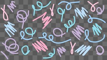 Various colorful hand-drawn doodles and sketches are scattered across a transparent background. The artwork features abstract lines and shapes in soft pastel hues vector