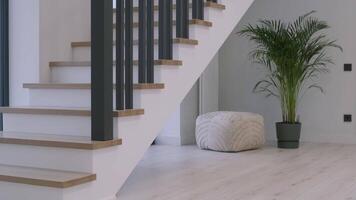 Home entry with a modern staircase, wooden steps, plush pouf, and a tall indoor plant enhancing the natural decor. video