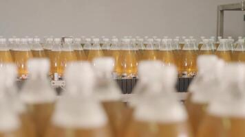 Blurred foreground view of drink bottles on production conveyor. video