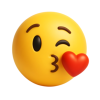Three-dimensional rendering of a yellow emoji kissing and blowing a red heart png