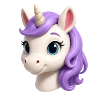 Cute smiling unicorn head with purple mane and blue eyes in a whimsical cartoon style png