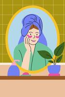 Woman standing in a bathroom, looking at herself in the mirror while applying under-eye patches. Self-care moment, skincare routine, and natural beauty. vector