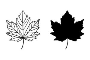 Minimalist black leaf illustration with both silhouette and outline versions. Simple linear and filled botanical design, perfect for nature themes, tattoos, eco branding, logos. vector
