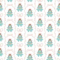 Whimsical Christmas tree striped seamless pattern with pink bows and ribbons, vertical lines. New Year holiday grandmillennial wallpaper, retro bow knots, coquette hand drawn repeat background. vector