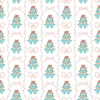 Whimsical Christmas tree striped seamless pattern with pink bows and ribbons, vertical lines. New Year holiday grandmillennial wallpaper, retro bow knots, coquette hand drawn repeat background.