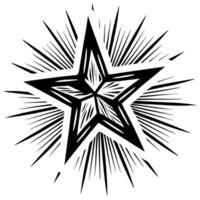 Hand drawn vintage star with radiating lines on white background, engraved retro graphic illustration vector