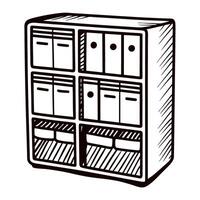 Hand drawn office file organizer cabinet sketch with folders and storage boxes in black and white isolated vector