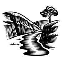 Engraved black and white landscape with tree, river, and cliff in vintage etching illustration vector