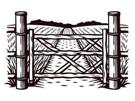 Rustic wooden farm gate in countryside field with distant horizon, vintage engraved illustration vector