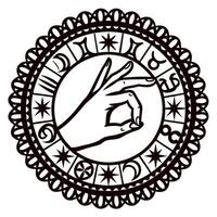 Hand gesture with thumb and index finger in ornate circular zodiac mandala with astrological symbols vector