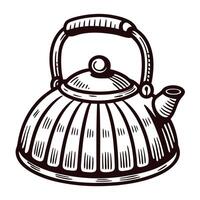 Vintage engraved illustration of a classic metal kettle with handle and spout on white background vector