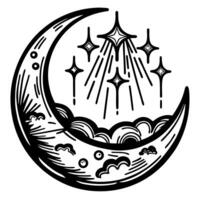 crescent moon and sparkling stars above swirling clouds in vintage black and white engraving illustration vector
