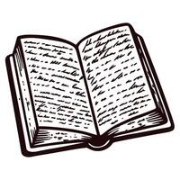 Vintage hand drawn open book illustration with handwritten text and detailed ink lines vector