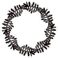 Hand drawn circular laurel wreath with leafy branches and blank center, simple botanical decorative design vector
