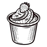 Hand drawn swirl yogurt cup with strawberry sketch illustration on white background vector