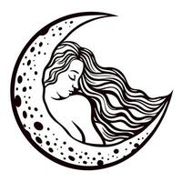 Elegant woman with flowing hair resting inside crescent moon, intricate celestial line art illustration vector