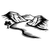 Black and white sketch of river winding between rocky cliffs with tree mountain landscape engraving illustration vector