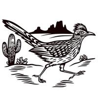 Stylized roadrunner bird running in desert landscape with cactus and mountains black and white illustration vector